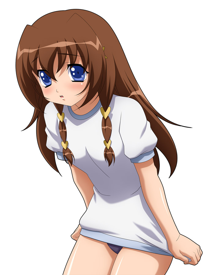 sugimura tomokazu, tachibana ichika, utakata, 00s, 1girl, :o, blue eyes, blush, brown hair, buruma, covering crotch, covering privates, cowboy shot, embarrassed, female focus, flat chest, from side, gym uniform, hair between eyes, hair ornament, heart, heart hair ornament, long hair, open mouth, shirt, shirt tug, short sleeves, sidelocks, simple background, solo, standing, white background