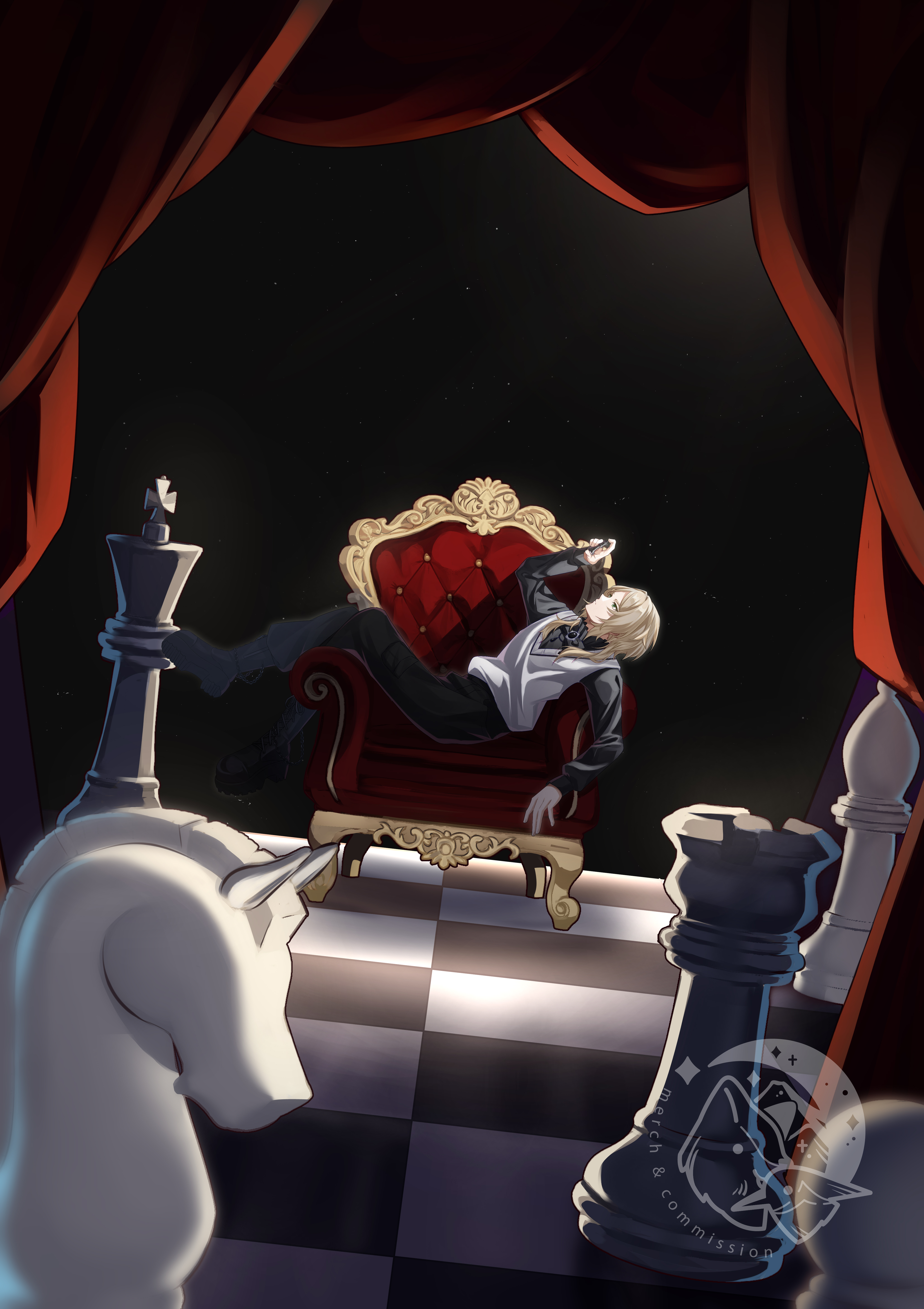 luxury, original, absurdres, commission, highres, vgen commission, 1boy, black background, black jacket, blonde hair, board game, boots, canaliya, chair, chess, chess piece, chessboard, curtains, dramatic lighting, full body, green eyes, jacket, king (chess), knight (chess), male focus, necktie, night, night sky, red chair, rook (chess), shirt, short hair, signature, sitting, sky, slouching, solo, spotlight, stage, throne, watermark, white shirt