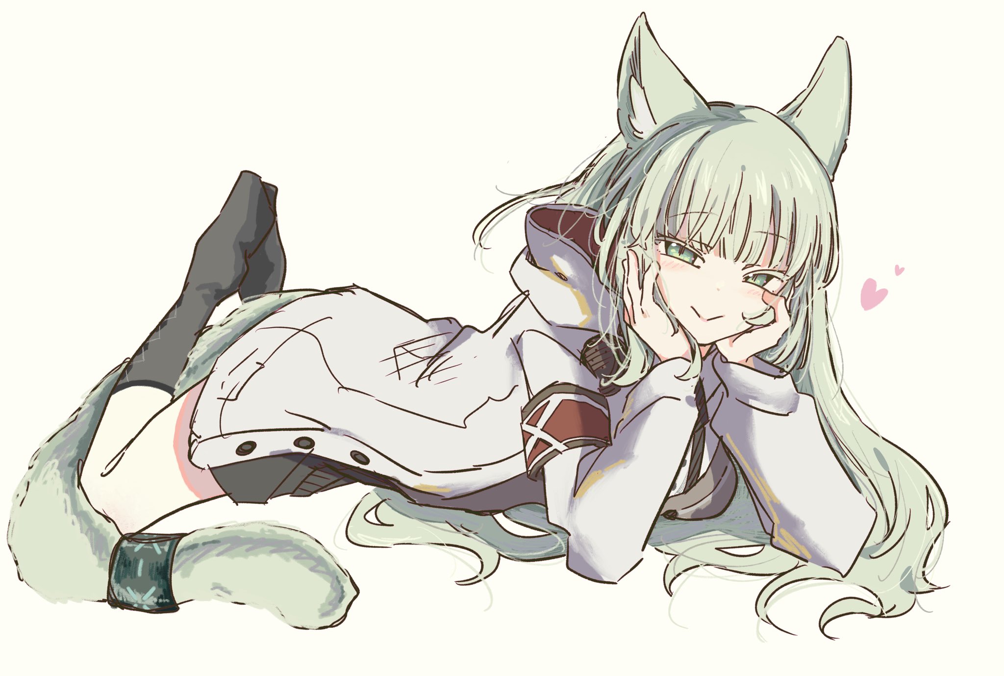 harmonie (arknights), arknights, highres, 1girl, animal ear fluff, animal ears, armband, black socks, cardigan, cat ears, cat girl, cat tail, green eyes, green hair, green tail, grey cardigan, grey socks, hands on own cheeks, hands on own face, hood, hoodie, looking at viewer, lying, no shoes, okura 0915, on stomach, simple background, socks, solo, tail, tail ornament, tail ring, white background, white hoodie