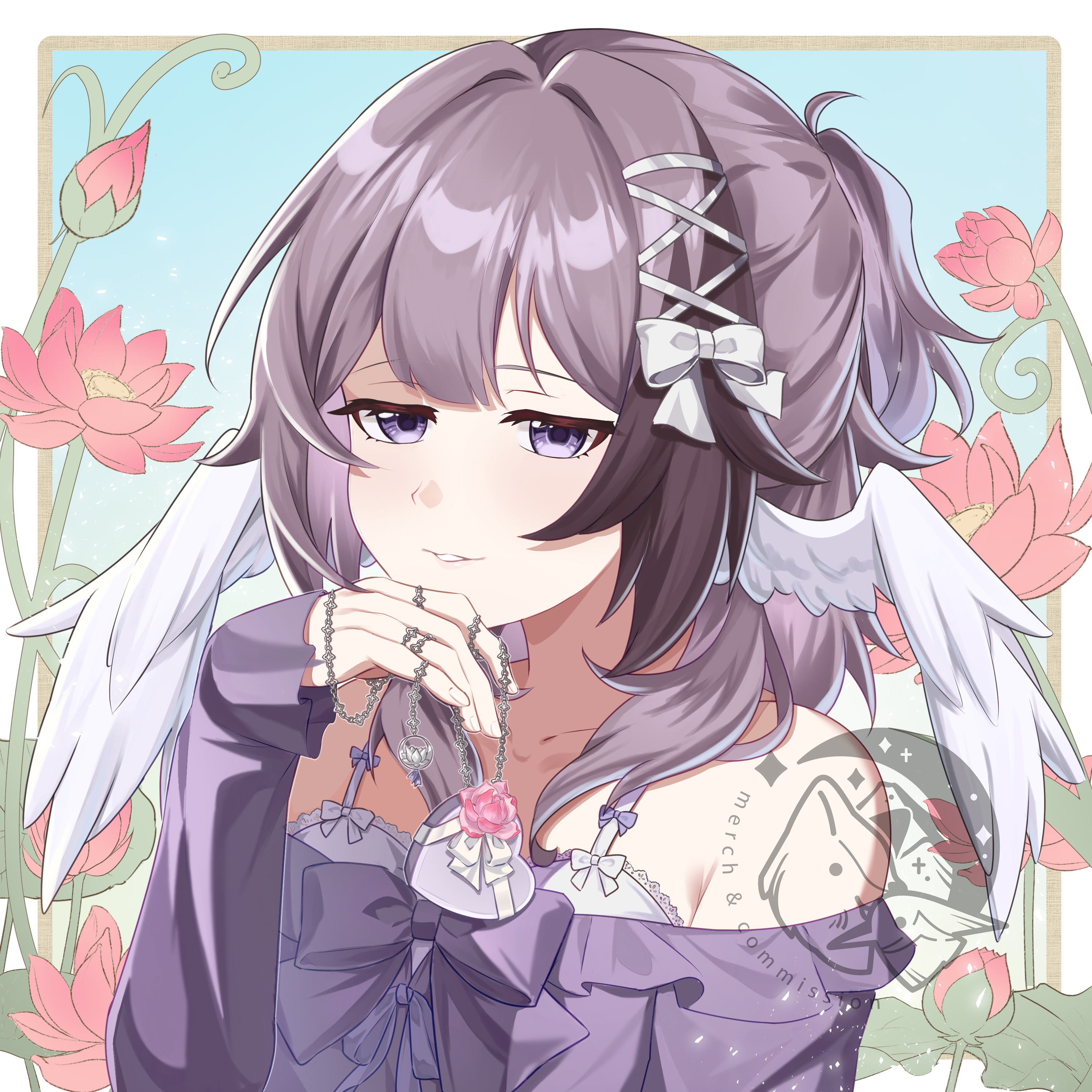 original, alternate version, half closed eyes, absurdres, commission, highres, vgen commission, 1girl, angel wings, bow, braid, canaliya, choker, dress, floral background, flower, flower accessory, frills, jewelry, lotus, mini wings, necklace, off shoulder, pastel background, purple dress, purple eyes, purple hair, ribbon, ring, short hair, signature, upper body, watermark, wings