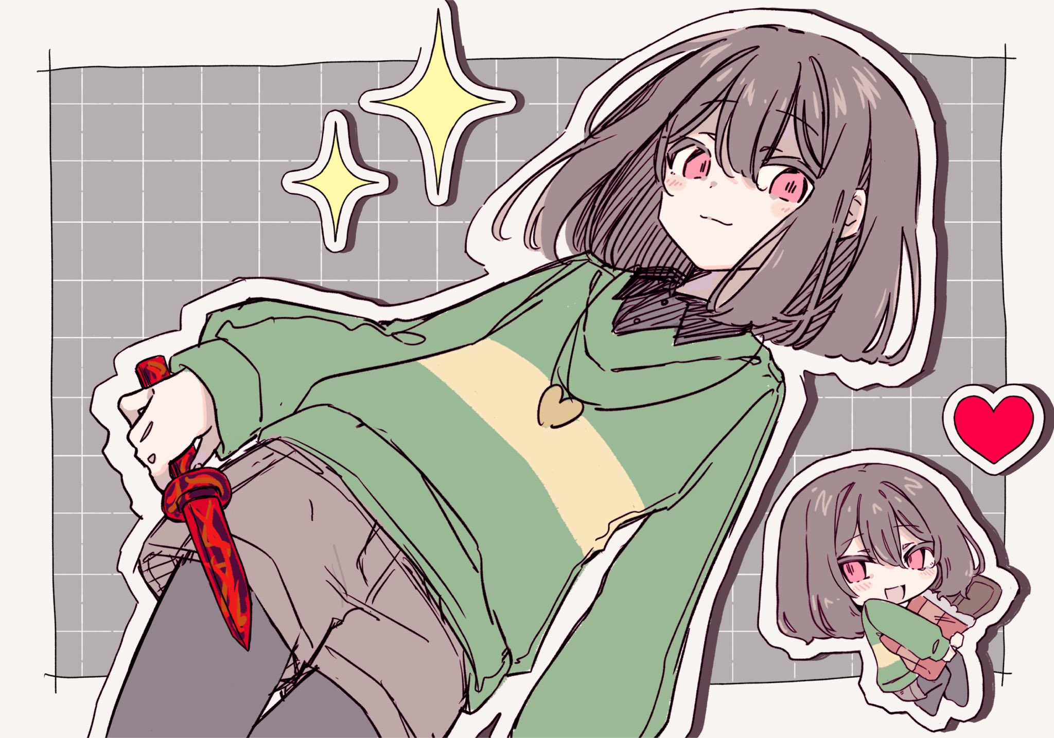 chara (undertale), undertale, utdr (toby fox), highres, 1other, :3, androgynous, black pantyhose, brown hair, brown shorts, checkered background, chibi, chocolate, food, green sweater, heart, heart necklace, holding, holding food, holding knife, jewelry, knife, looking at viewer, necklace, okura 0915, open mouth, pantyhose, red eyes, shorts, simple background, smile, sparkle, striped clothes, striped sweater, sweater, two-tone sweater