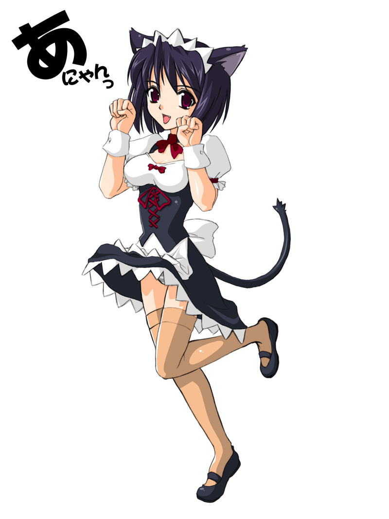 sanada, sanada (ufo princess valkyrie), ufo princess valkyrie, 00s, 1girl, animal ears, blue hair, cat ears, cat tail, choker, clothes lift, female focus, leg lift, maid, panties, paw pose, purple eyes, skirt, skirt lift, solo, striped clothes, striped panties, tail, thighhighs, underwear