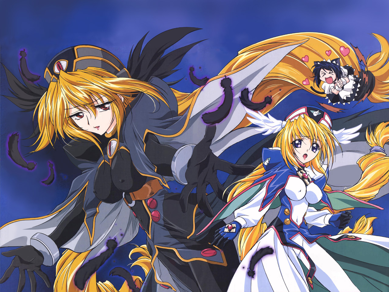 fujii maki, sanada, sanada (ufo princess valkyrie), valkyrie (ufo princess valkyrie), valkyrie ghost, ufo princess valkyrie, official art, official wallpaper, > <, 00s, 3girls, :d, :o, angel wings, animal ears, apron, black bodysuit, blonde hair, blue eyes, blue hair, bodysuit, breasts, buttons, cape, cat ears, cat tail, chibi, closed eyes, covered erect nipples, fang, feathers, gloves, glowing, hat, head wings, heart, impossible clothes, large breasts, long hair, maid, maid apron, maid headdress, mature female, multiple girls, open mouth, outstretched arms, outstretched hand, own hands clasped, own hands together, red eyes, running, short hair, smile, spread arms, strap, tail, twintails, valkyrie, very long hair, wings