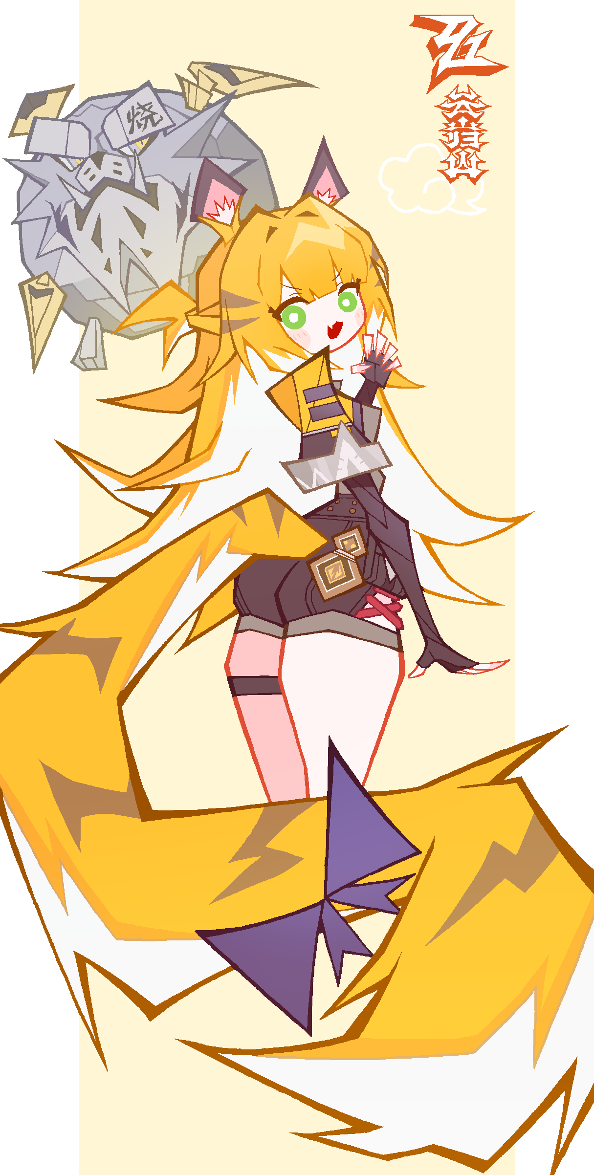 cocokana, hu wei (zenless zone zero), ju fufu, zenless zone zero, absurdres, highres, 1girl, animal ear fluff, animal ears, black gloves, black shirt, black shorts, blonde hair, bow, fingerless gloves, gloves, green eyes, jacket, long hair, looking at viewer, multicolored hair, open mouth, shirt, shorts, smile, solo, tail, tail bow, tail ornament, thigh strap, tiger ears, tiger girl, tiger stripes, tiger tail, two-tone hair, yellow jacket