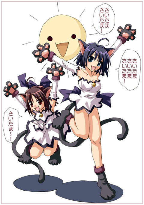 saitama, 2channel, original, 2girls, animal ears, animal hands, ascii art, bell, cat ears, cat paws, cat tail, dress, elbow gloves, gloves, jingle bell, multiple girls, panties, pantyshot, short dress, sun, tail, underwear, what, white panties