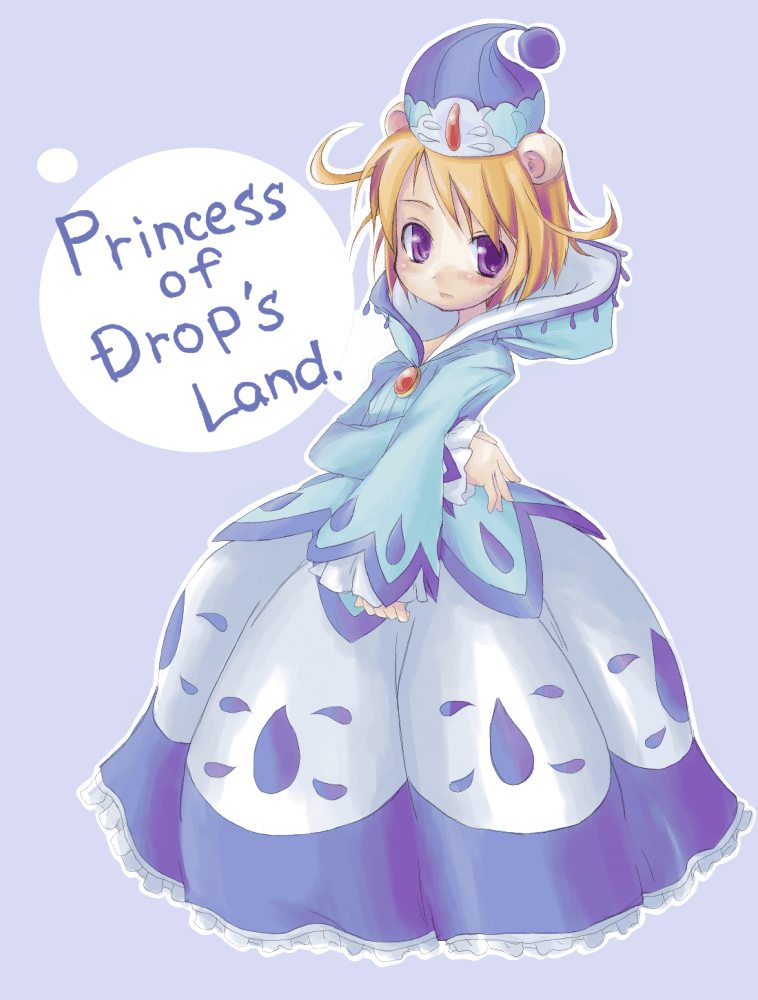 yomi (artist), miruro, fushigiboshi no futago hime, 00s, 1girl, animal ears, bell line gown, blush, brown hair, dress, english text, female focus, gown, hat, hood, princess, purple eyes, short hair, solo