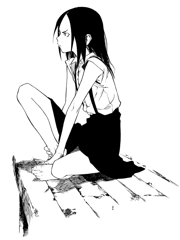 nishino juutarou, original, looking away, 1girl, angry, barefoot, dress shirt, female focus, full body, greyscale, monochrome, profile, shirt, sitting, skirt, solo