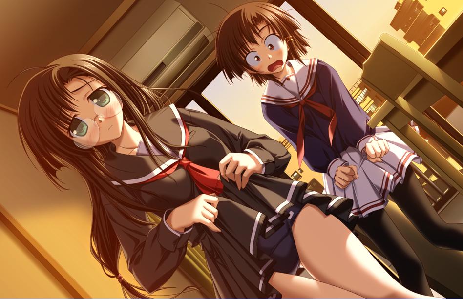 tenmaso, niiyama aoi, sagawa eriko, akiiro renka, game cg, 2girls, blush, brown hair, building, chair, clothes lift, dutch angle, glasses, lifting own clothes, long hair, low-tied long hair, multiple girls, one-piece swimsuit, pantyhose, pleated skirt, school swimsuit, school uniform, serafuku, skirt, skirt lift, swimsuit, swimsuit under clothes, table, wide-eyed