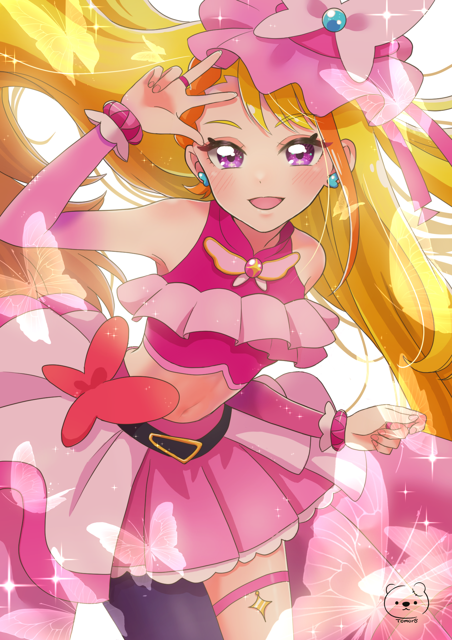moro precure, cure butterfly, hijiri ageha, hirogaru sky! precure, precure, highres, 1girl, artist logo, artist name, backlighting, belt, belt bow, black belt, blonde hair, blush, bow, bow skirt, braid, braided bangs, bridal gauntlets, brooch, bug, butterfly, butterfly hat ornament, cowboy shot, cropped shirt, earrings, elbow gloves, frilled shirt, frills, gloves, hat, hat ornament, insect, jewelry, leaning forward, logo, long hair, looking at viewer, magical girl, midriff, miniskirt, mob cap, multicolored hair, navel, open mouth, orange hair, pantyhose, pink gloves, pink hat, pink shirt, pink skirt, pink theme, pleated skirt, purple eyes, purple pantyhose, red bow, shirt, showgirl skirt, single leg pantyhose, skirt, sleeveless, sleeveless shirt, smile, solo, sparkle, standing, thigh strap, two-tone hair, v, very long hair, w, w over eye, wing brooch