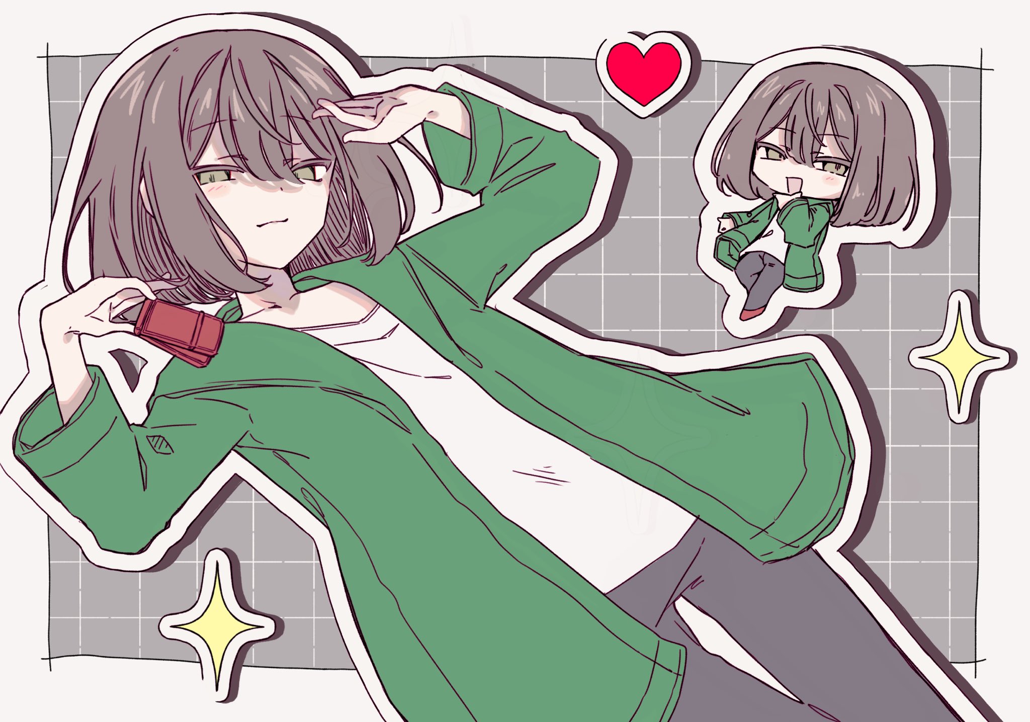 chara (undertale), storyshift, undertale, utdr (toby fox), highres, 1other, black pants, brown hair, cellphone, checkered background, flip phone, green eyes, green sweater, half-closed eyes, hand on own chin, heart, holding, holding phone, okura 0915, pants, phone, red shoes, shirt, shoes, smile, sparkle, sweater, white shirt