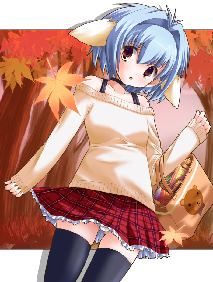 shinshin, mint blancmanche, broccoli (company), galaxy angel, 00s, 1girl, animal ears, autumn leaves, bag, black thighhighs, blue hair, blush, casual, choker, cowboy shot, dutch angle, female focus, leaf, lingerie, long sleeves, looking at viewer, maple leaf, panties, pantyshot, petticoat, plaid clothes, plaid skirt, skirt, solo, standing, sweater, tank top, thighhighs, underwear, white panties, yellow eyes