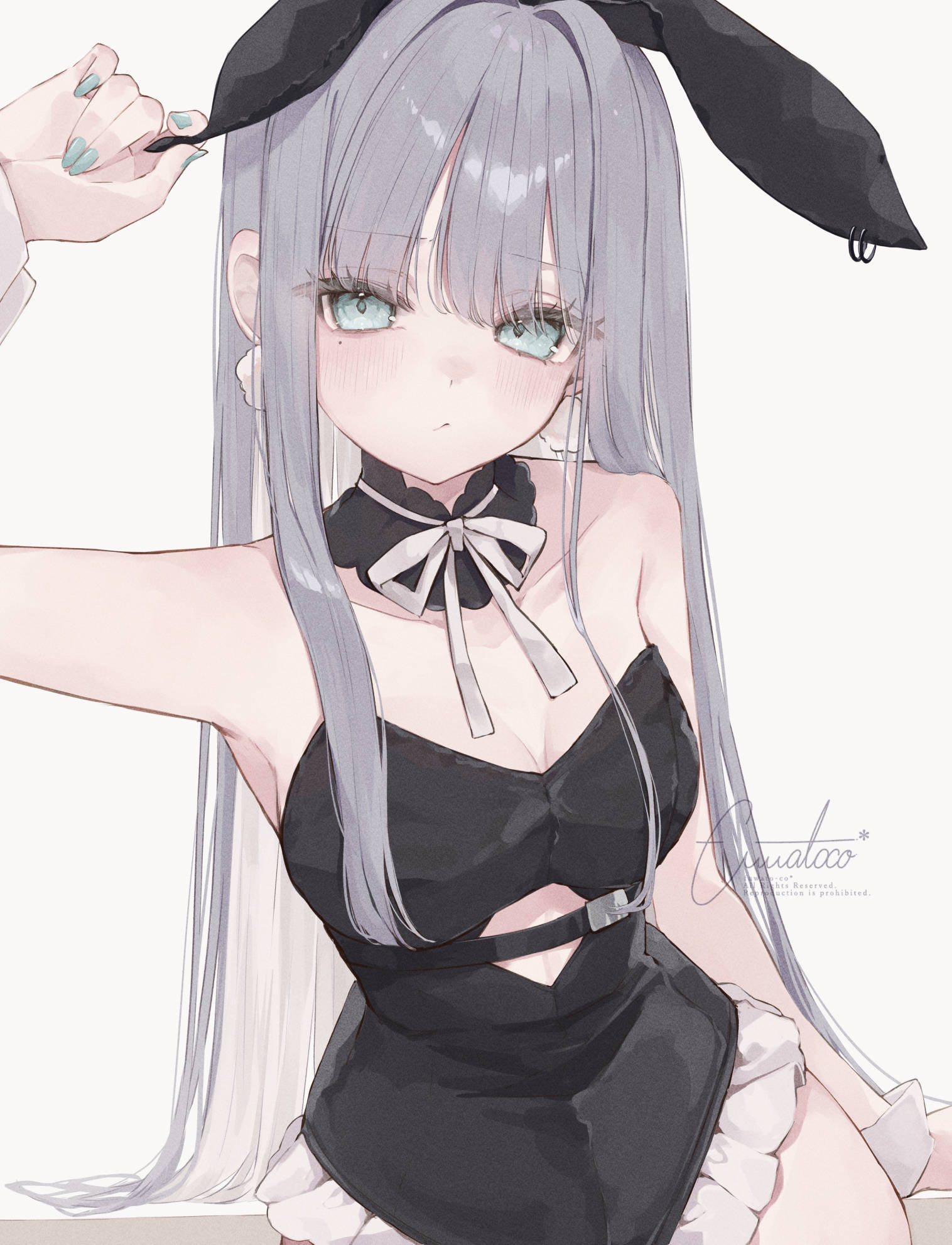 fuwa toco (too co 7020), original, highres, 1girl, animal ear hairband, animal ears, aqua eyes, aqua nails, artist name, bare shoulders, black hairband, black leotard, breasts, detached collar, fake animal ears, frilled leotard, frills, grey hair, hairband, leotard, long hair, looking at viewer, playboy bunny, rabbit ears, small breasts, solo