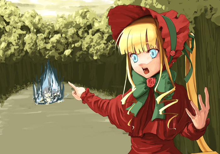 b-ginga, shinku, suigintou, rozen maiden, upset, 00s, 2girls, aqua eyes, bad end, blonde hair, blue eyes, blue fire, bonnet, bow, burning, capelet, crawling, day, death, dress, drill hair, fire, flower, forest, grey hair, long hair, multiple girls, nature, open mouth, outdoors, pointing, ribbon, rose, shouting, tree, very long hair