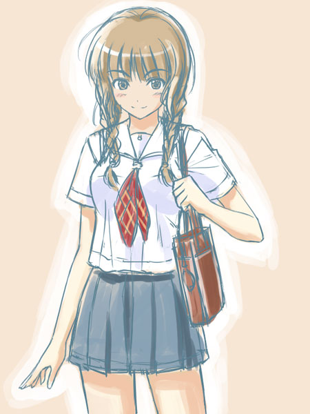 masakichi (crossroad), mizusawa mao, kimi kiss, plaid, 1girl, blush, braid, brown hair, female focus, looking at viewer, necktie, pleated skirt, school uniform, serafuku, short sleeves, sketch, skirt, smile, solo, twin braids