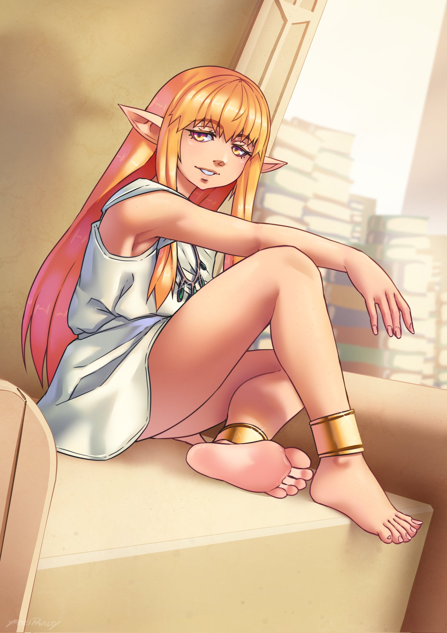 yaseipaisley, serie (sousou no frieren), sousou no frieren, highres, 1girl, armpits, artist name, bare legs, barefoot, blonde hair, blurry, blurry background, book, chair, dress, eyelashes, feet, gold anklet, jewelry, knee up, kneehighs, legs, long hair, looking at viewer, nail polish, necklace, on chair, parted lips, pink nails, pointy ears, short dress, sidelocks, signature, sitting, sleeveless, sleeveless dress, socks, soles, solo, toenail polish, toenails, toes, very long hair, white dress, yellow eyes