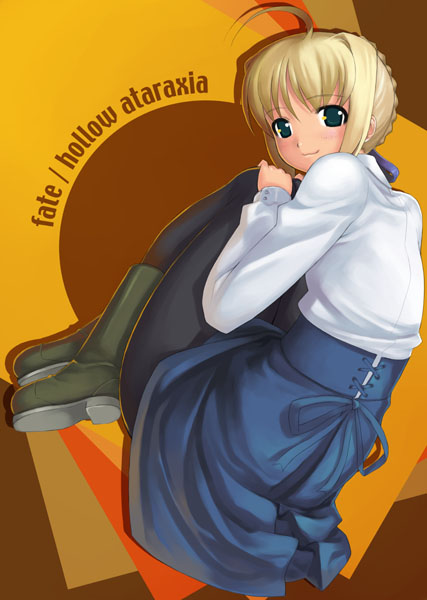 mikazuki akira!, artoria pendragon (fate), saber (fate), fate/hollow ataraxia, fate/stay night, fate (series), 00s, 1girl, :3, ahoge, blonde hair, blouse, blue eyes, boots, female focus, fetal position, full body, pantyhose, shirt, skirt, smile, solo