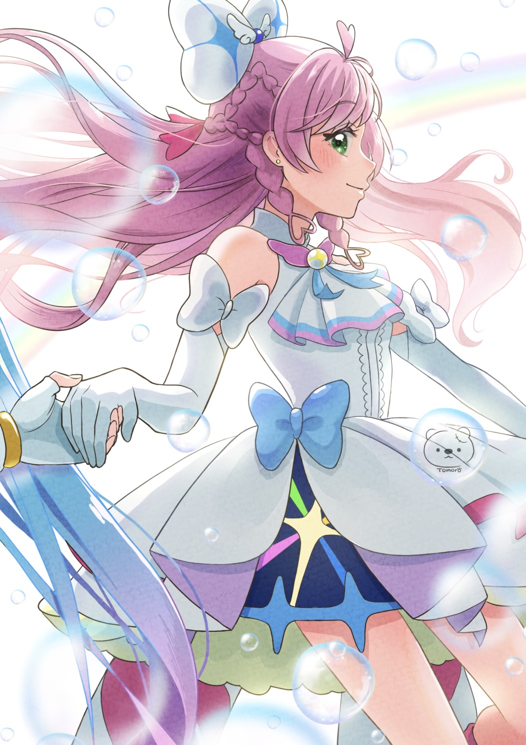 moro precure, cure prism, cure sky, nijigaoka mashiro, sora harewataru, hirogaru sky! precure, precure, commentary, highres, 2girls, artist logo, artist name, ascot, backlighting, blue bow, bow, braid, brooch, center frills, closed mouth, crown braid, dress, dress bow, earrings, elbow gloves, frills, glove bow, gloves, green eyes, hair bow, holding hands, jewelry, layered dress, logo, long hair, looking at viewer, magical girl, medium dress, multiple girls, out of frame, pink hair, pov, rainbow, side braids, sleeveless, sleeveless dress, smile, soap bubbles, standing, very long hair, white ascot, white background, white bow, white dress, white gloves, wing brooch