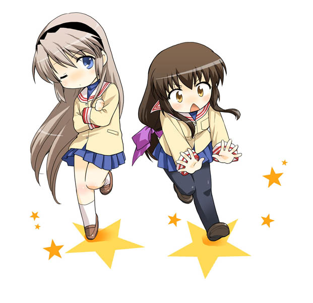 misaki juri, ibuki fuuko, sakagami tomoyo, clannad, 00s, 2girls, blue eyes, blush, brown hair, comic, hairband, long hair, low-tied long hair, multiple girls, one eye closed, pantyhose, school uniform, star (symbol), star symbol background, yellow eyes