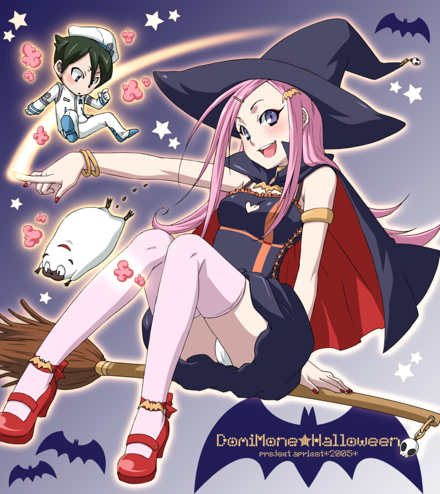kuroo (project apricot), anemone (eureka seven), dominic sorel, gulliver (eureka seven), bones (company), eureka seven, eureka seven (series), 00s, 1boy, 1girl, 2005, armlet, black dress, blue eyes, bracelet, broom, broom riding, cape, dress, hair ornament, hairclip, halloween, hat, jewelry, panties, pantyshot, pink hair, pink panties, purple eyes, shoes, sidesaddle, sitting, thighhighs, underwear, white panties, witch, witch hat