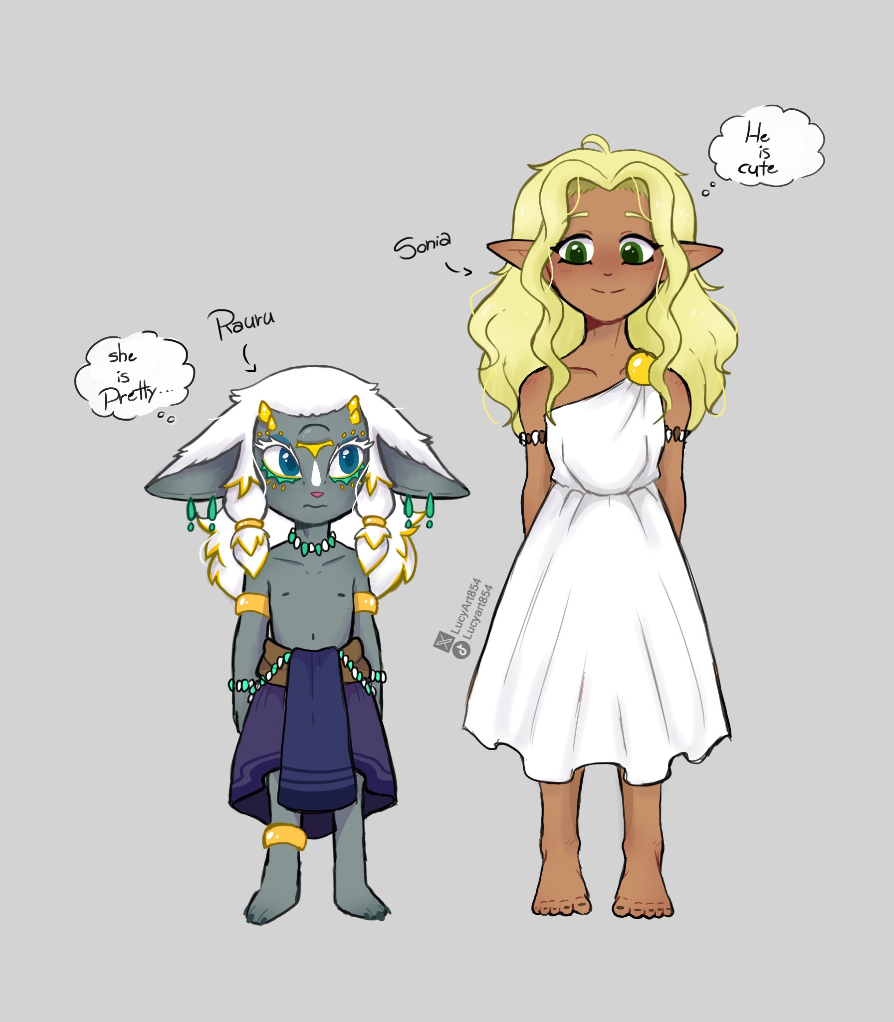 lucyadmi854, rauru (tears of the kingdom), sonia (zelda), nintendo, the legend of zelda, the legend of zelda: tears of the kingdom, highres, 1boy, 1girl, aged down, barefoot, blue eyes, dark-skinned female, dark skin, dress, full body, green eyes, green skirt, height difference, looking at viewer, pointy ears, skirt, smile, standing, very long ears, white dress, white hair, zonai