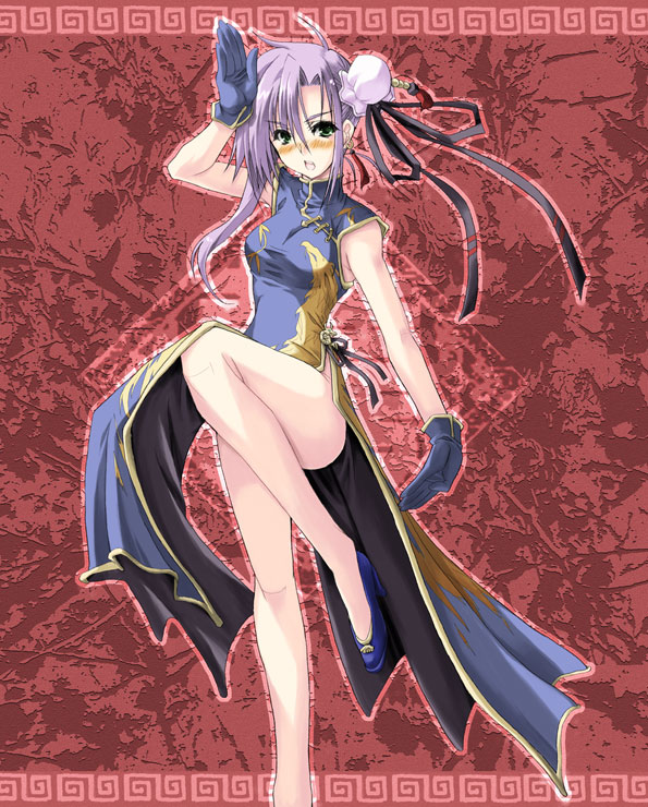 sakura nitouhei, original, jpeg artifacts, 1girl, bare legs, blue gloves, blue shoes, blush, bun cover, china dress, chinese clothes, dress, female focus, gloves, green eyes, leg up, legs, looking at viewer, open mouth, purple hair, red background, ribbon, shoes, sleeveless, sleeveless dress, solo, standing, standing on one leg