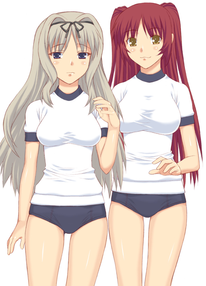 shichimenchou, kousaka tamaki, kusugawa sasara, to heart (series), to heart 2, silver hair, 00s, :3, blush, brown eyes, buruma, gym uniform, long hair, purple eyes, red hair