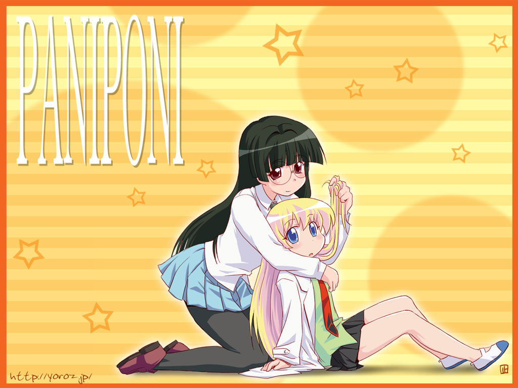 nagian, rebecca miyamoto, tachibana rei, pani poni dash!, black legwear, 00s, 2girls, black hair, blonde hair, blunt bangs, blush, child, copyright name, full body, glasses, holding, holding own hair, hug, hug from behind, kneeling, lab coat, long hair, long sleeves, looking at viewer, miniskirt, multiple girls, necktie, open mouth, pantyhose, school uniform, shirt, shoes, sitting, skirt, smile, star (symbol), uwabaki, very long hair