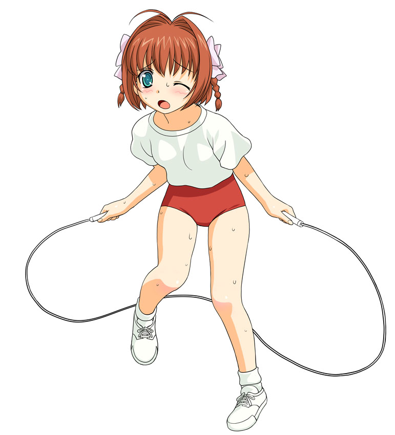 a1 (initial-g), suzumiya haruka, kimi ga nozomu eien, 00s, 1girl, antenna hair, aqua eyes, bow, braid, brown hair, buruma, female focus, gym uniform, hair bow, jump rope, one eye closed, open mouth, pink bow, red buruma, shirt, shoes, simple background, sneakers, socks, solo, sweat, twin braids, white background, white shirt, white shoes, wince