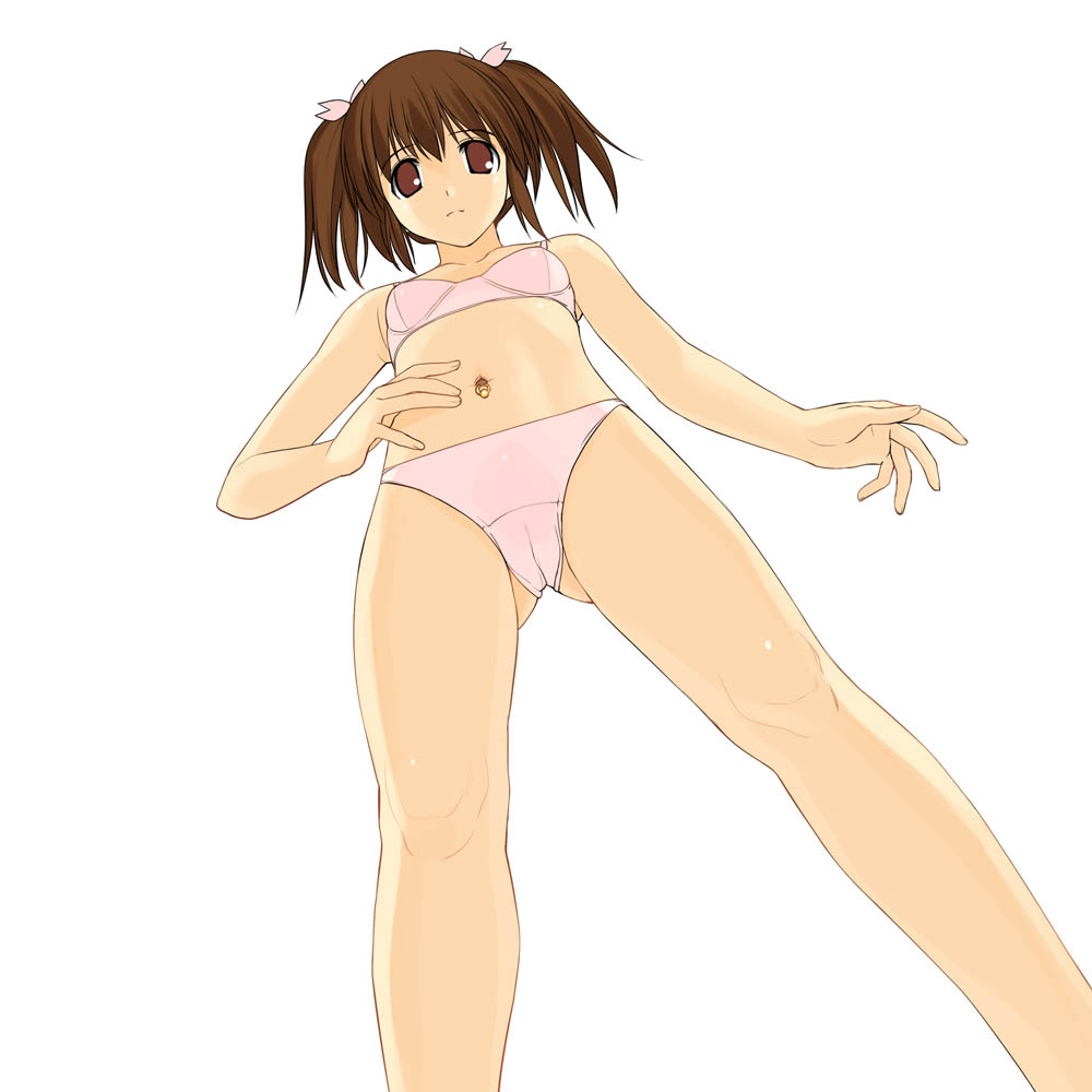 a1 (initial-g), yuzuhara konomi, to heart (series), to heart 2, 00s, 1girl, bra, brown eyes, brown hair, cameltoe, female focus, flower, from below, hair flower, hair ornament, lingerie, navel, navel piercing, panties, piercing, pink panties, short twintails, solo, standing, twintails, underwear, underwear only