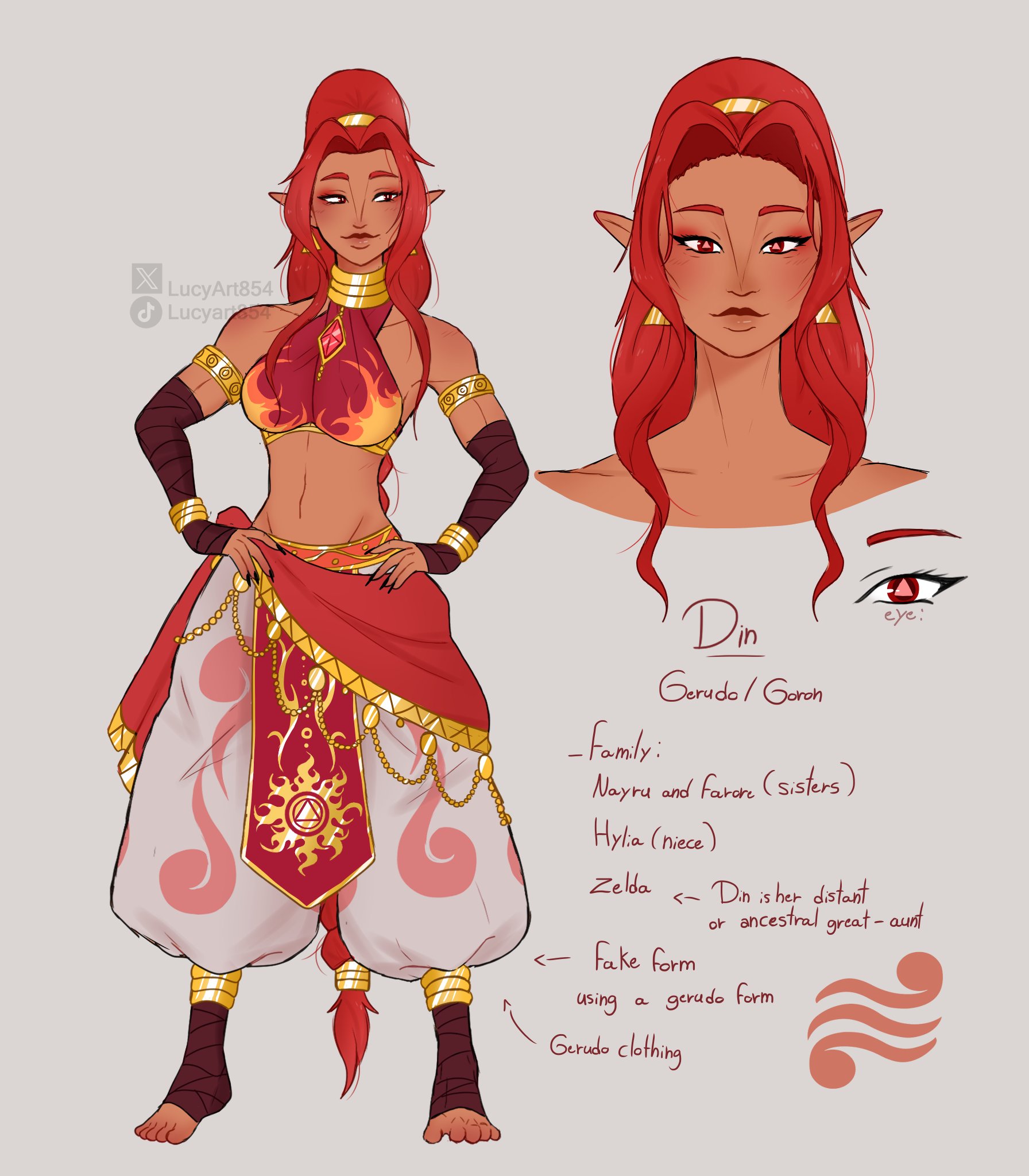 lucyadmi854, din, nintendo, the legend of zelda, toeless socks, highres, baggy pants, bare shoulders, braid, braided ponytail, breasts, dark-skinned female, dark skin, earrings, eyeliner, gerudo, hair intakes, halterneck, jewelry, lips, long hair, makeup, medium breasts, pants, pelvic curtain, personification, red eyes, red hair, reference sheet, very long hair