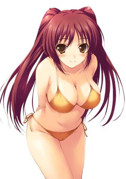 tomose shunsaku, kousaka tamaki, to heart, to heart 2, arms behind back, bare shoulders, bikini, blush, breasts, brown eyes, cleavage, large breasts, leaning forward, long hair, red hair, side-tie bikini bottom, smile, solo, swimsuit, twintails