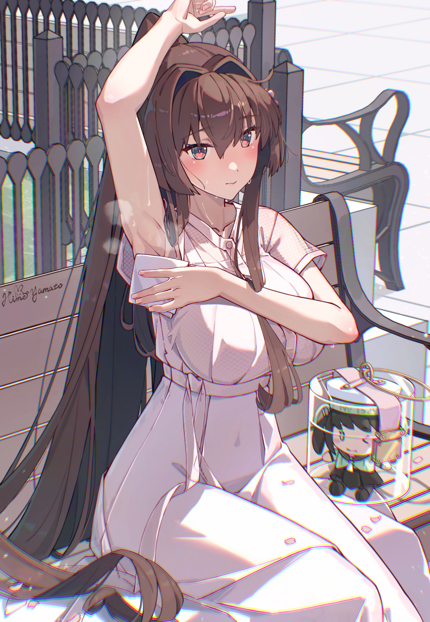 himeyamato, fairy (kancolle), yamato (kancolle), kantai collection, highres, 1girl, alternate costume, arm up, armpits, bench, breasts, brown hair, cherry blossoms, day, dress, flower, hair between eyes, hair flower, hair intakes, hair ornament, huge breasts, long hair, outdoors, park bench, pink dress, ponytail, red eyes, reference sheet, road, short sleeves, sidelocks, sitting, solo, street, very long hair