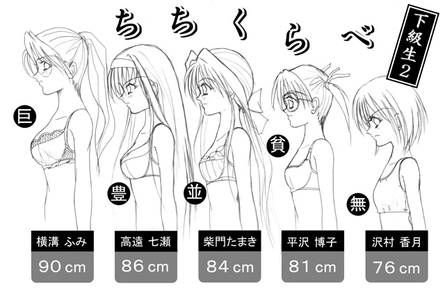 hirasawa hiroko, saimon tamaki, sawamura kazuki, takatoo nanase, yokomizu fumi, kakyuusei, kakyuusei (series), kakyuusei 2, 5girls, bra, bust chart, chart, flat chest, greyscale, hair ribbon, hairband, lineup, lingerie, long hair, monochrome, multiple girls, ponytail, profile, ribbon, short hair, short twintails, sports bra, twintails, underwear