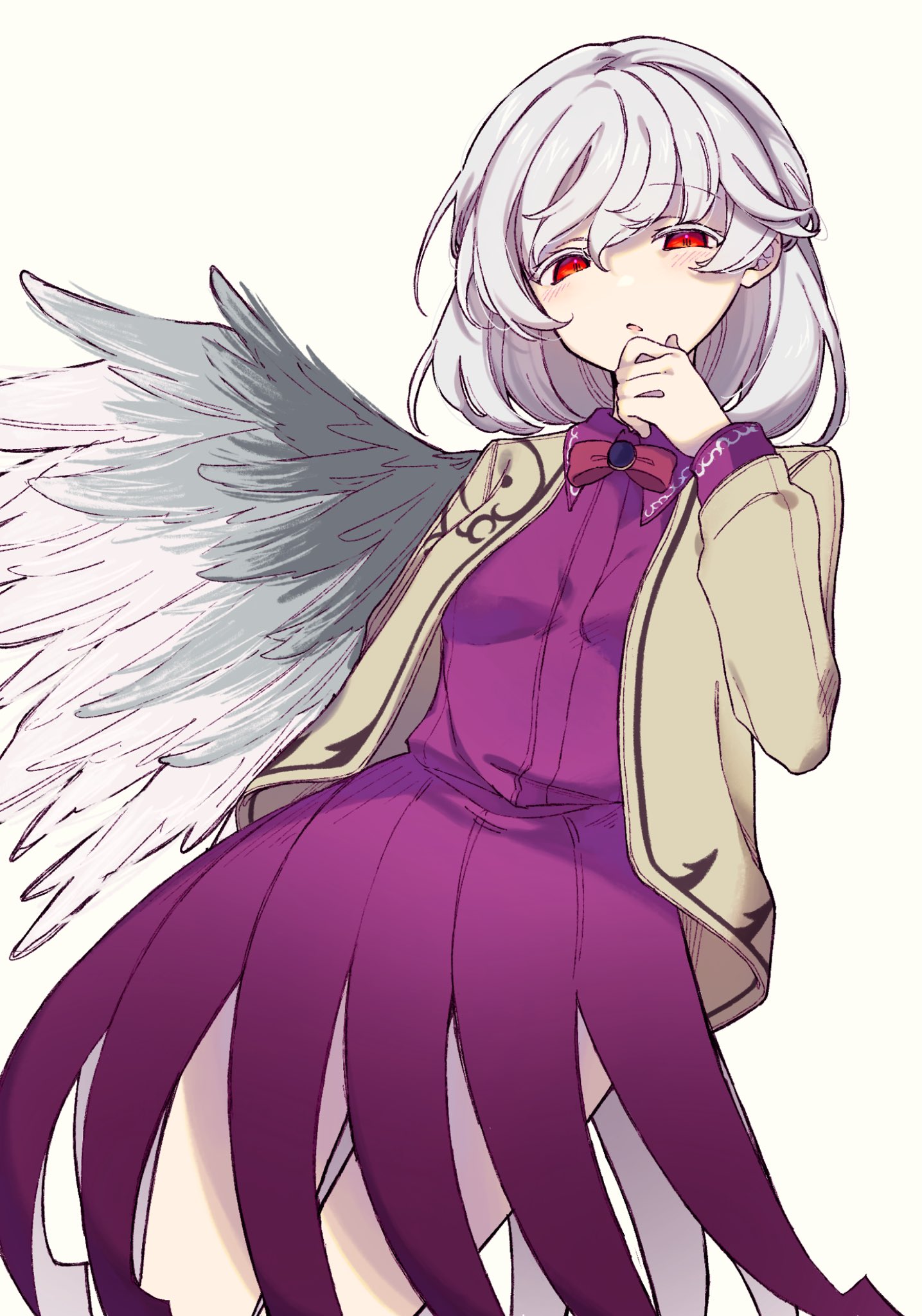 kishin sagume, touhou, highres, 1girl, angel wings, dress, dutch angle, feathered wings, from below, hand on own chin, jacket, looking at viewer, okura 0915, parted lips, purple dress, red eyes, simple background, single wing, solo, white background, white hair, white wings, wings
