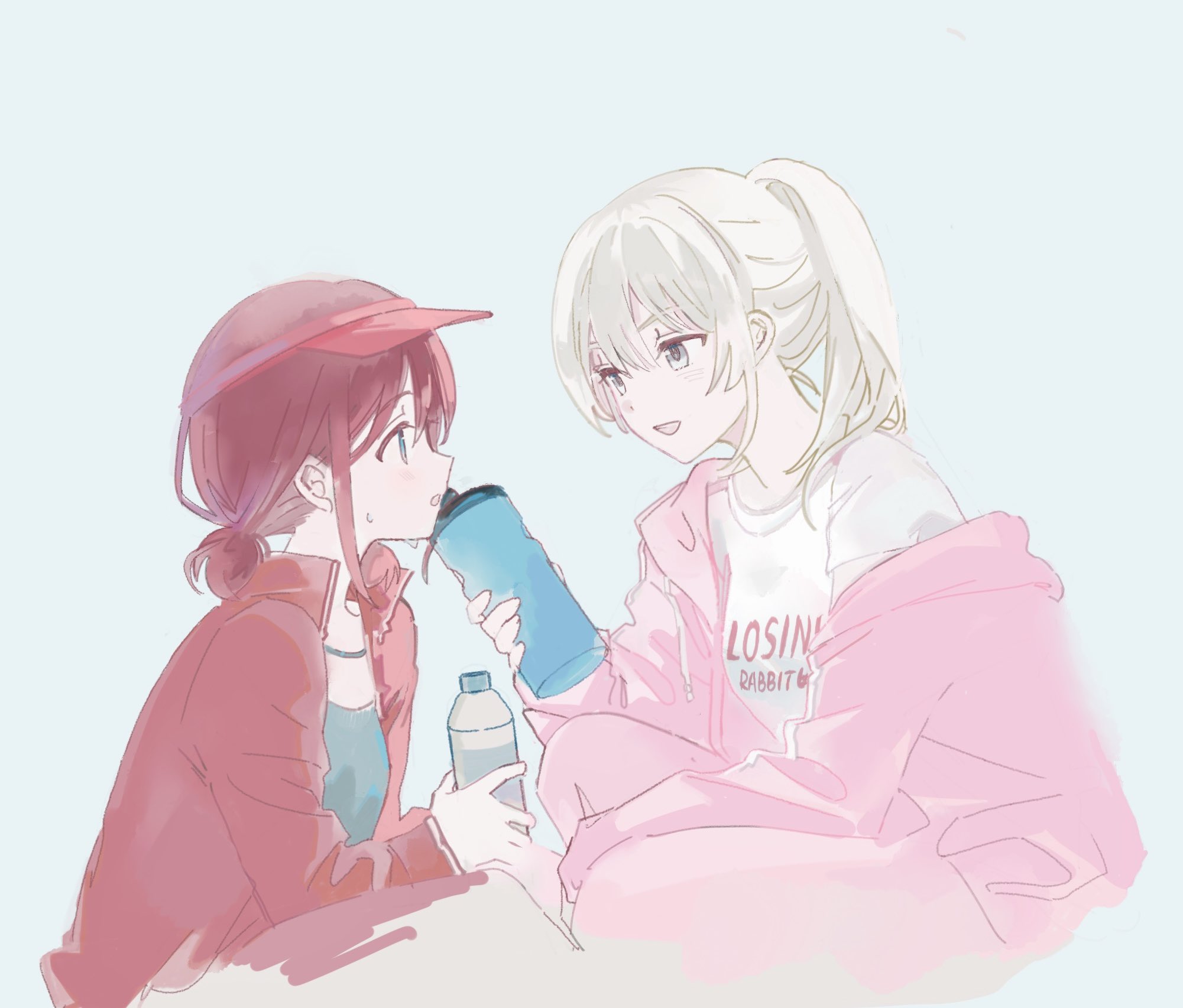 popipopopo, iseri nina, kawaragi momoka, girls band cry, commentary, highres, 2girls, blue background, blue eyes, blue shirt, bottle, grey eyes, grey hair, hat, holding, holding bottle, jacket, long hair, multiple girls, open mouth, pants, pink jacket, pink pants, ponytail, red hair, red hat, red jacket, shirt, short twintails, simple background, smile, squatting, twintails, water bottle, white shirt