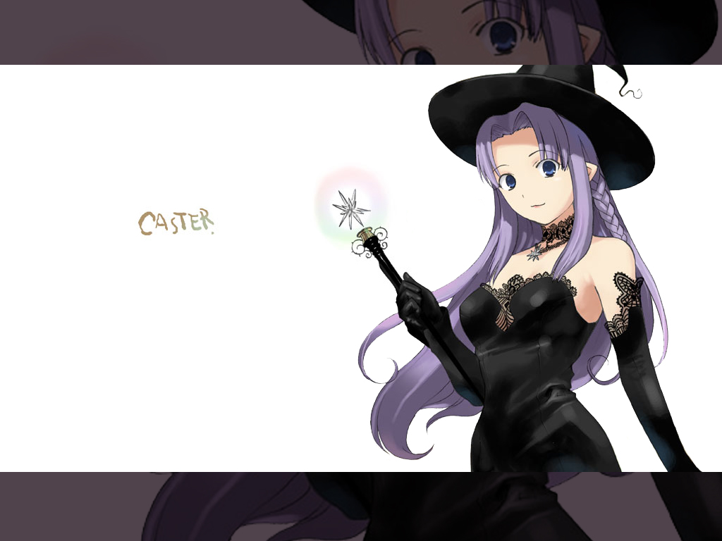 takenashi eri, medea (caster) (fate), medea (fate), fate/stay night, fate (series), 00s, 1girl, bare shoulders, black gloves, blue eyes, braid, breasts, choker, cleavage, dress, elbow gloves, female focus, gloves, glowing, hat, jewelry, lace, lace-trimmed gloves, lace trim, letterboxed, lipstick, long hair, makeup, necklace, pendant, pointy ears, purple hair, see-through clothes, side braid, smile, solo, very long hair, wand, witch, witch hat, zoom layer