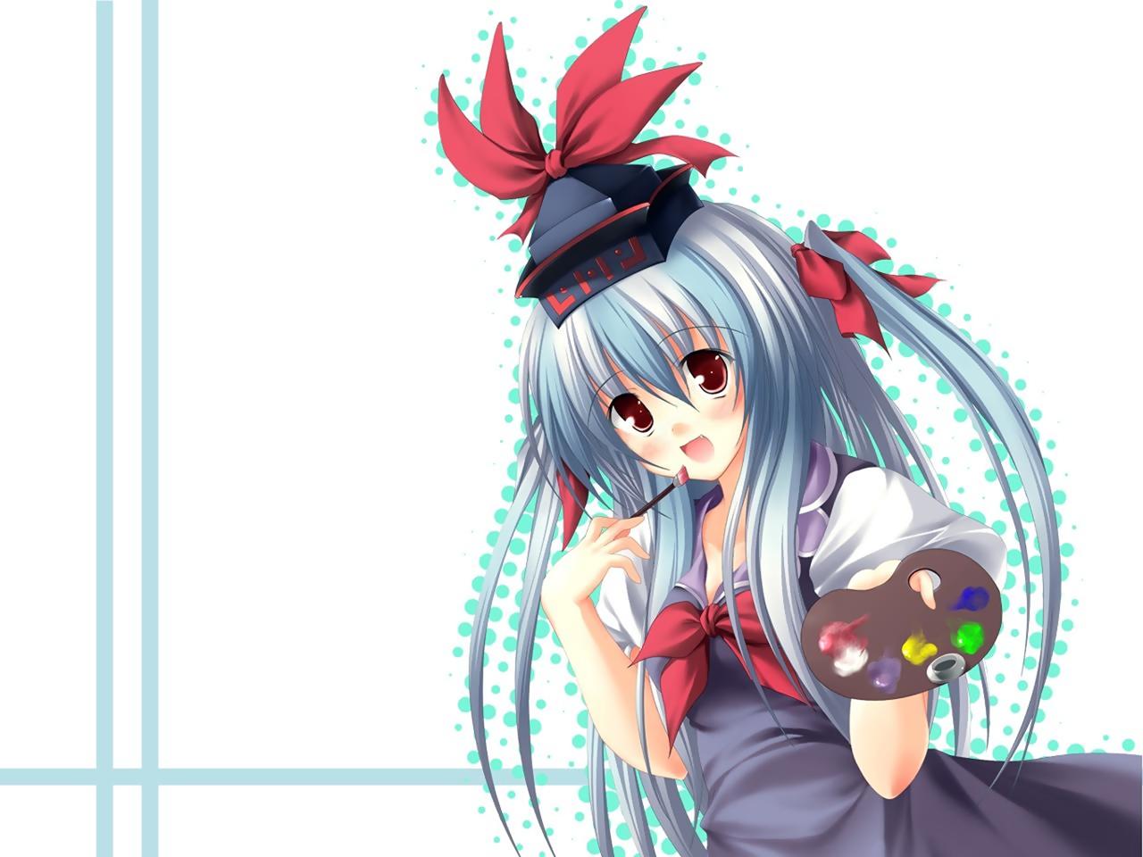 kamishirasawa keine, touhou, 1girl, art brush, black hat, fang, female focus, halftone, halftone background, hat, holding, holding paint palette, paint palette, paintbrush, solo, white background