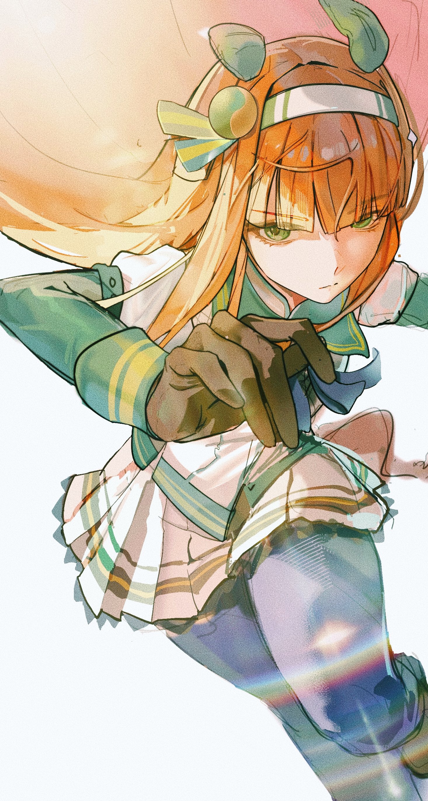 woxinruhuo, silence suzuka (umamusume), umamusume, absurdres, hashtag-only commentary, highres, 1girl, black gloves, blunt bangs, collared shirt, floating hair, gloves, green eyes, hairband, long hair, looking at viewer, orange hair, pantyhose, pleated skirt, shirt, sidelocks, simple background, skirt, solo, standing, standing on one leg, white background, white hairband, white shirt, white skirt