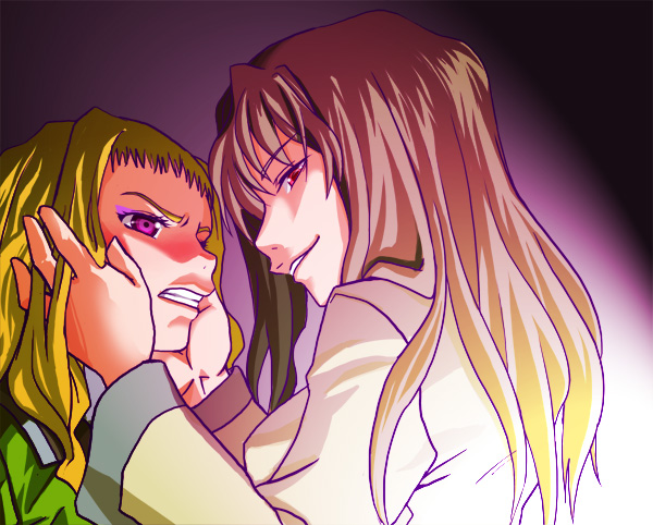 hate, mura, mura (kiyohime), fujino shizuru, suzushiro haruka, my-hime, 00s, 2girls, angry, blonde hair, brown hair, clenched teeth, evil grin, evil smile, eyeshadow, gradient hair, grin, hands on another's face, lipstick, long hair, looking at another, looking at viewer, makeup, multicolored hair, multiple girls, purple eyes, red eyes, short hair, smile, smirk, teeth, wavy hair