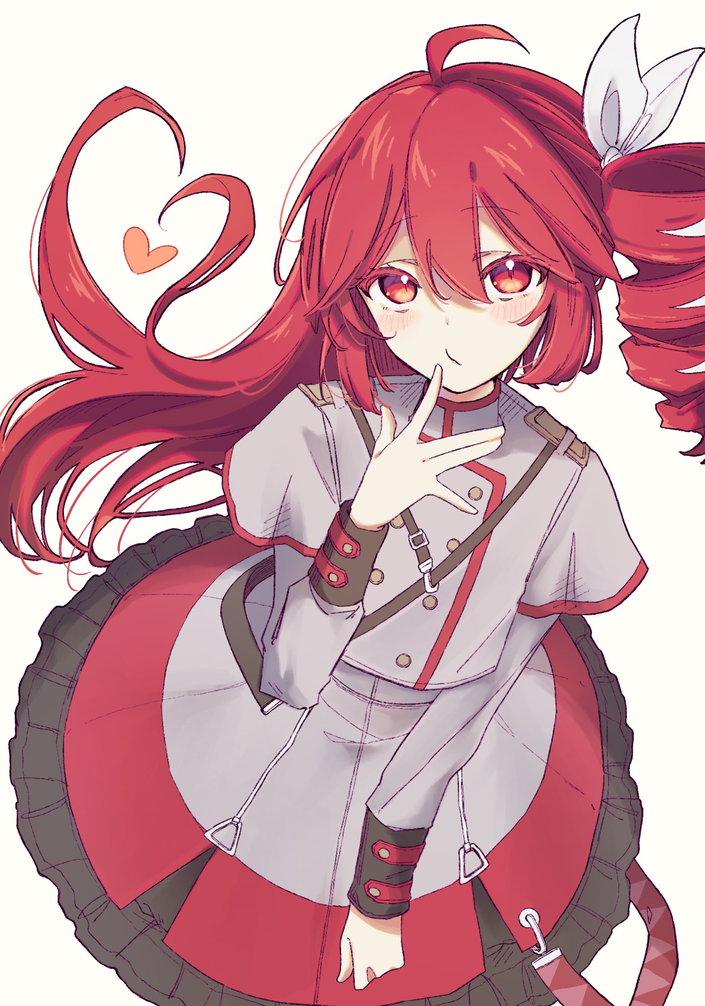 kasane teto, kasane teto (sv), synthesizer v, utau, highres, 1girl, ahoge, black sleeve cuffs, dress, drill hair, from above, grey dress, grey shirt, grey skirt, heart, heart-shaped hair, long hair, okura 0915, red eyes, red hair, ribbon, shirt, shoulder boards, simple background, single drill, skirt, solo, very long hair, white background, white ribbon