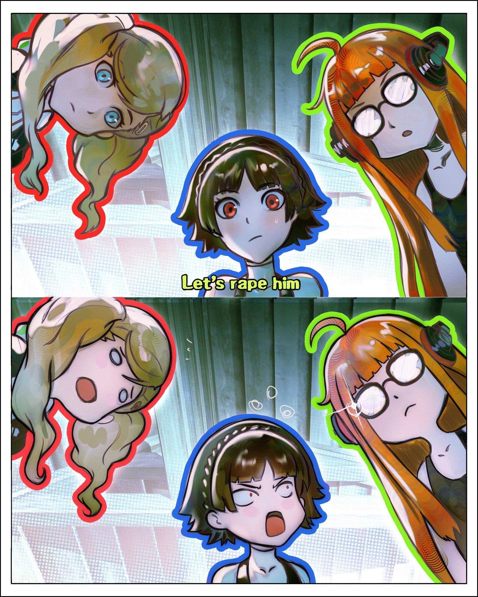 chapinor, niijima makoto, sakura futaba, takamaki anne, carnival phantasm, persona, persona 5, highres, 3girls, black tank top, blonde hair, blue outline, braid, brown hair, crown braid, gasp, glasses, green outline, indoors, looking at another, looking down, multiple girls, opaque glasses, orange hair, outline, red eyes, red outline, scene reference, school uniform, short hair, shuujin academy school uniform, surprised, tank top, twintails, upper body