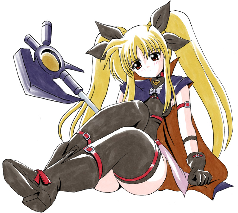 imai kazunari, bardiche (device form) (nanoha), bardiche (nanoha), fate testarossa, fate testarossa (original form), lyrical nanoha, mahou shoujo lyrical nanoha, 00s, 1girl, ass, belt, black thighhighs, blonde hair, blush, boots, bow, cape, female focus, full body, gloves, hair ribbon, head tilt, legs, leotard, long hair, magical girl, mahoushoujo, red eyes, ribbon, simple background, sitting, skirt, solo, staff, strap, thighhighs, turtleneck, twintails, very long hair, weapon