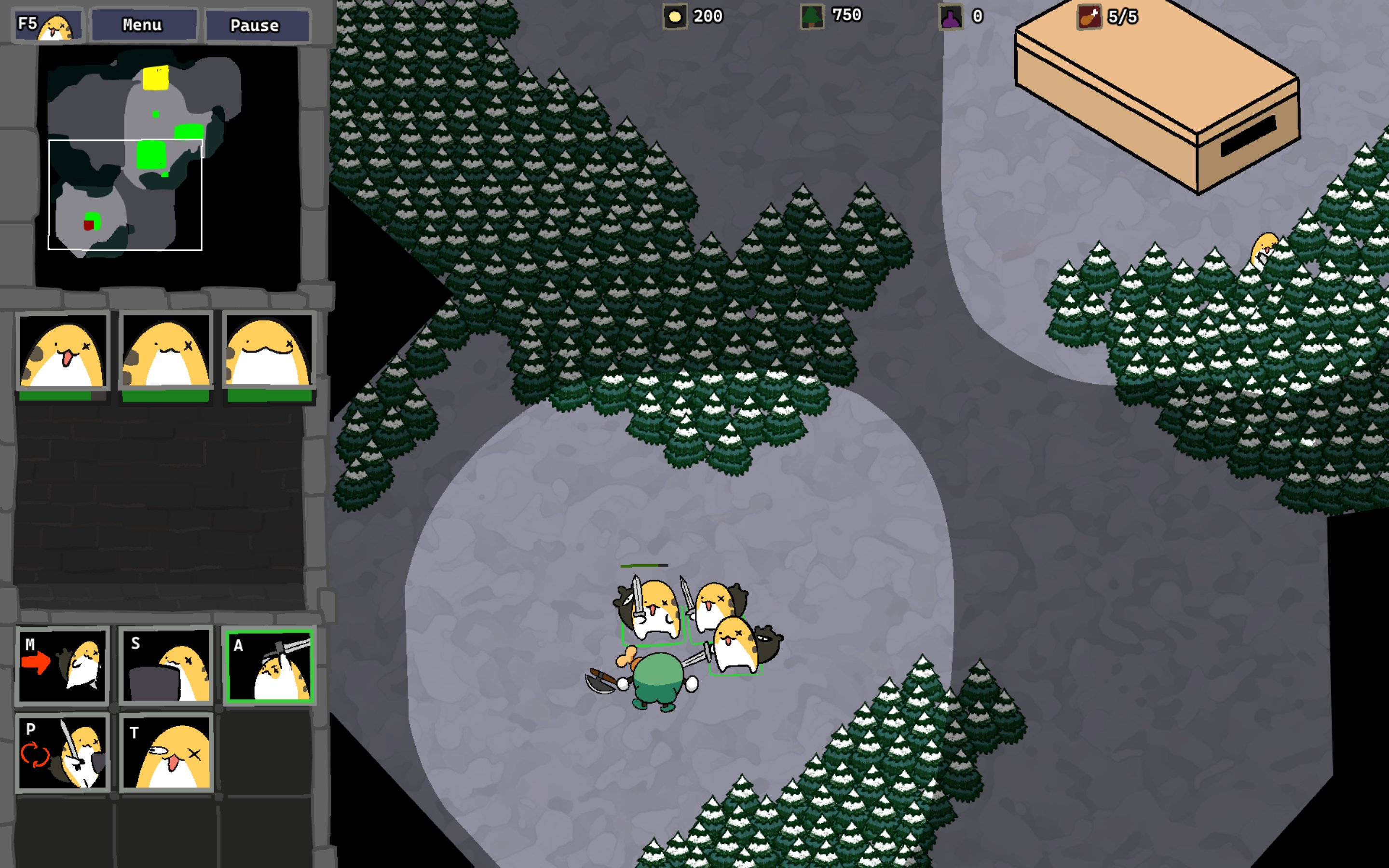 grem (gigi murin), otomo (cecilia immergreen), hololive, hololive english, commentary, english commentary, highres, :3, :d, axe, battle axe, english text, fake screenshot, heads-up display, health bar, holding, holding axe, holding weapon, jack pyro, minimap, no humans, open mouth, parody, shield, shoe box, smile, snow, sword, tree, user interface, virtual youtuber, warcraft ii, weapon