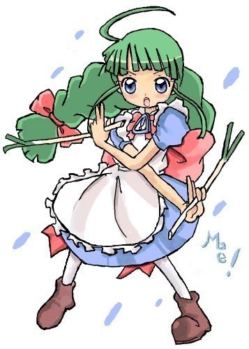 chaba (chabanyu), chaba, me-tan, os-tan, lowres, 1girl, ahoge, apron, blue eyes, blush, boots, bow, braid, crossed arms, dress, dual wielding, female focus, fighting stance, green hair, hair bow, holding, long hair, maid, maid apron, open mouth, pantyhose, solo, spring onion, twin braids, white background, white pantyhose