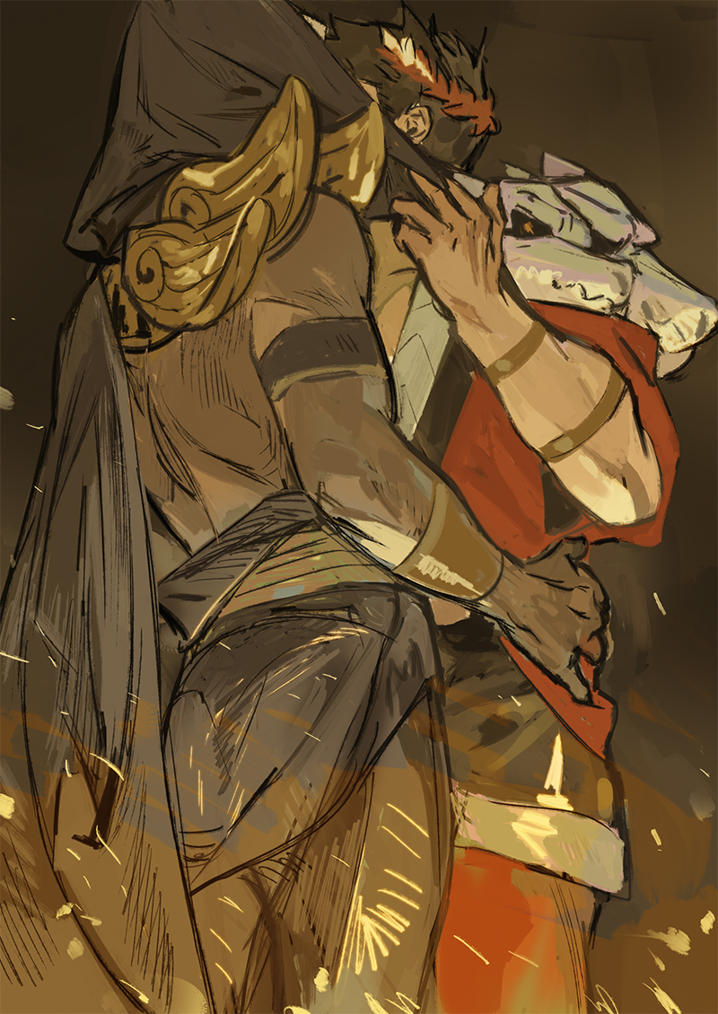puppy 1ove, thanatos (hades), zagreus (hades), hades (series), hades 1, commentary request, korean commentary, 2boys, bracelet, brown background, embers, hand on another's waist, hood, hood up, hug, jewelry, kiss, laurel crown, male focus, multiple boys, short hair, yaoi