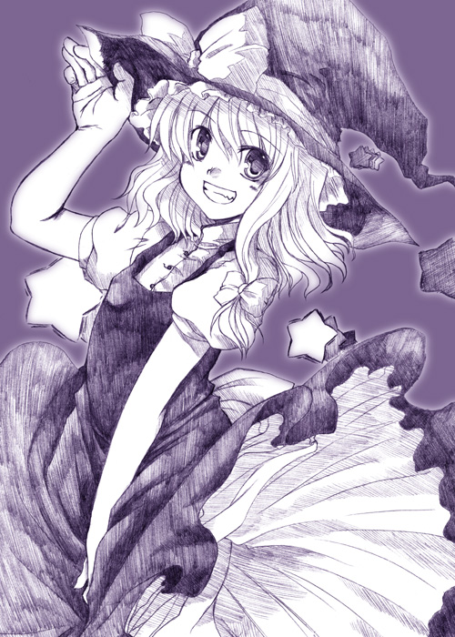 mikage baku, kirisame marisa, touhou, 1girl, :d, adjusting clothes, adjusting headwear, bow, dress, dress tug, fang, female focus, grin, hair bow, hat, hat bow, head tilt, looking at viewer, monochrome, open mouth, puffy short sleeves, puffy sleeves, purple background, purple theme, short sleeves, simple background, smile, solo, star (symbol), witch hat