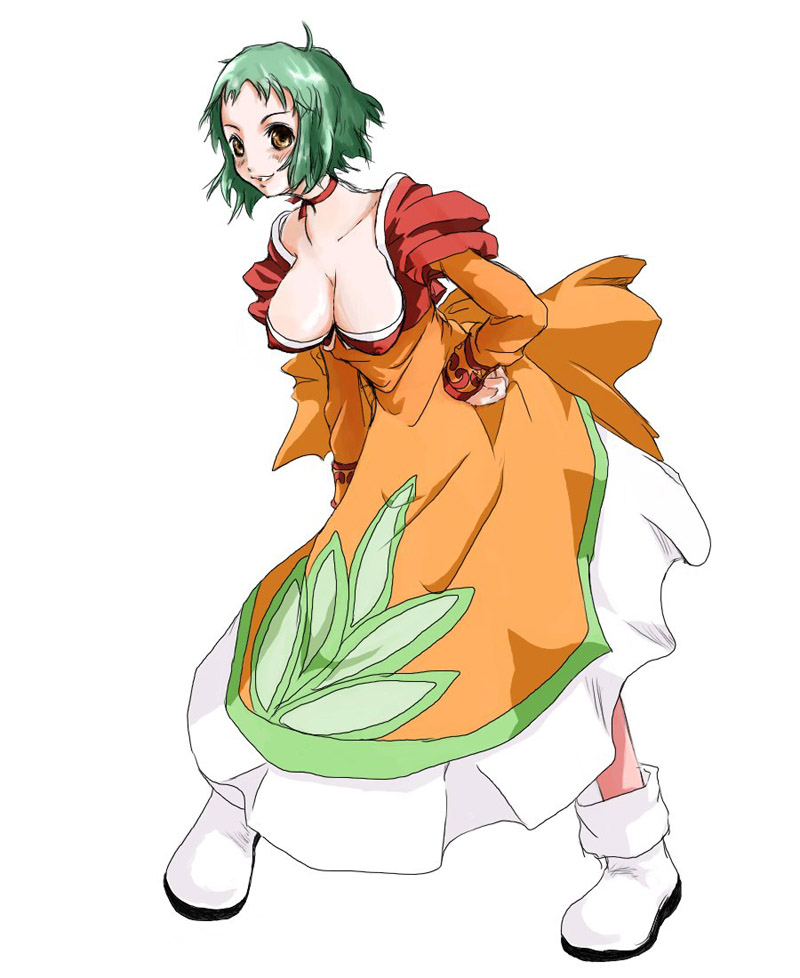 houri shinji, farah oersted, namco, tales of (series), tales of eternia, 00s, 1girl, ahoge, blush, boots, breasts, choker, cleavage, covered erect nipples, dress, female focus, full body, green hair, hand on own hip, hip focus, large breasts, leaning forward, naughty face, orange dress, pantyhose, short hair, simple background, smile, solo, white background, yellow eyes