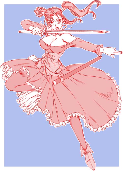 hanzaki jirou, jessica albert, dragon quest, dragon quest viii, square enix, 1girl, blue background, boots, breasts, cleavage, dress, female focus, huge breasts, leg up, legs, long legs, monochrome, pink theme, skirt, solo, strapless, strapless dress, sword, thighs, twintails, weapon