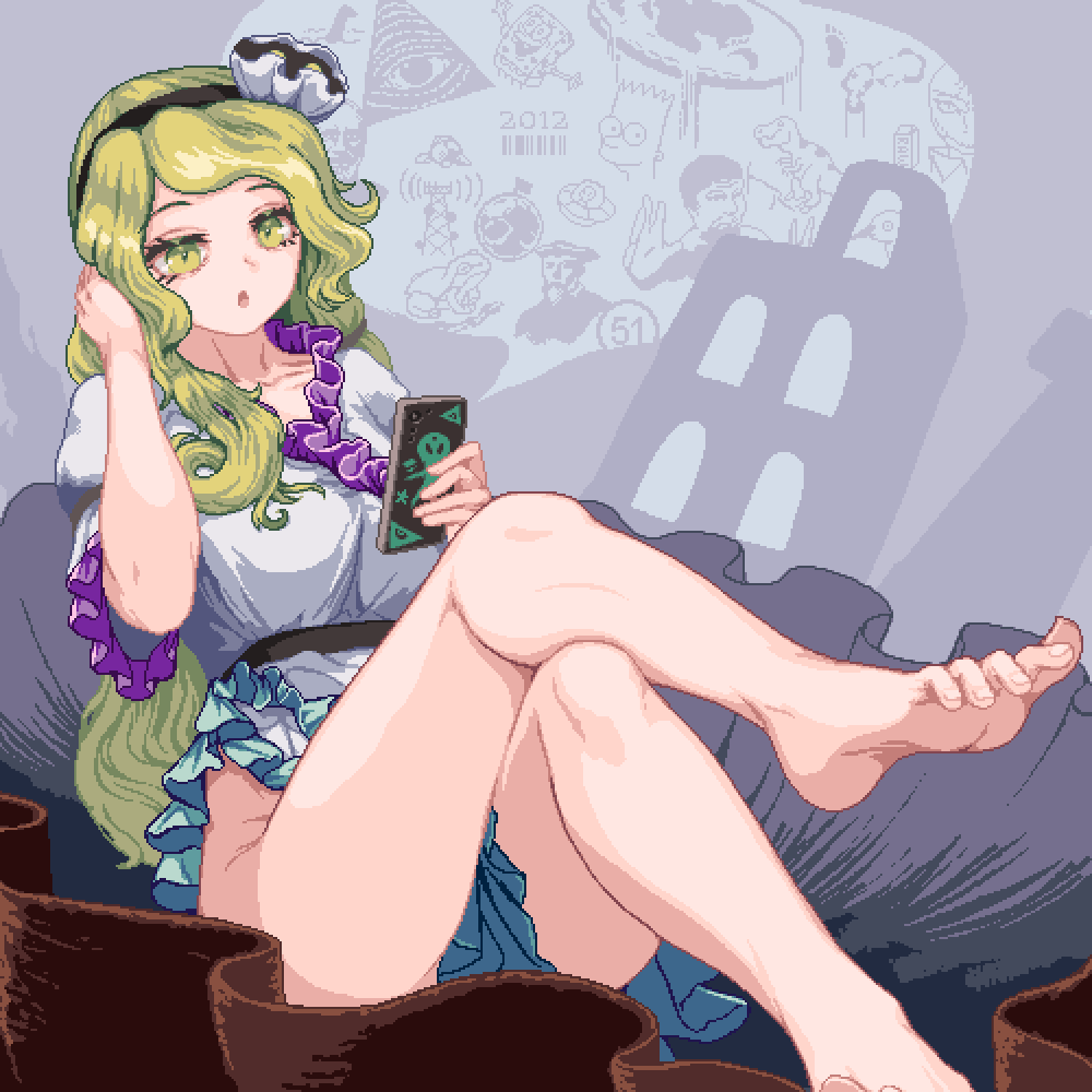 nukekip, bart simpson, mrbeast, spongebob squarepants, watari nina, real life, spongebob squarepants (series), the simpsons, touhou, character request, commentary, english commentary, 1girl, barcode, barefoot, black hairband, breasts, cellphone, clam shell, collarbone, dress, eye of providence, feet, flat earth, frilled dress, frills, frog, green eyes, green hair, hairband, hand in own hair, holding, holding phone, loch ness monster, long hair, medium breasts, no panties, open mouth, phone, pixel art, puffy short sleeves, puffy sleeves, reclining, shell hair ornament, short sleeves, smartphone, solo, thighs, tyrannosaurus rex, ufo, white dress