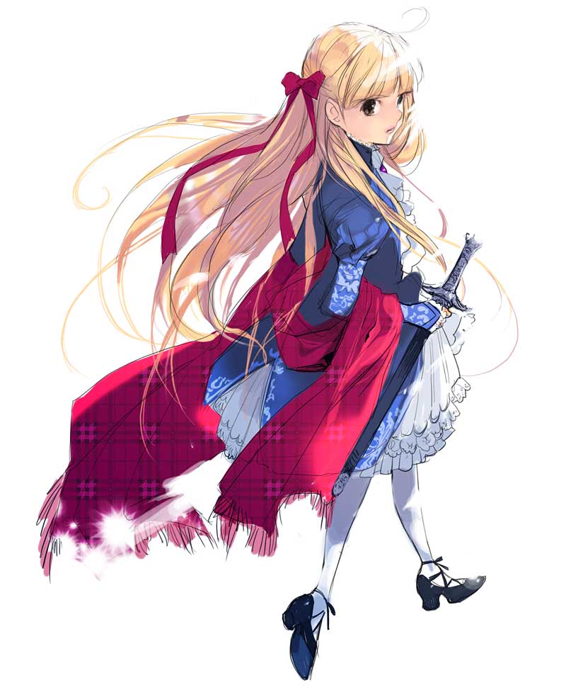 miyama waka, original, 1girl, ahoge, ascot, blonde hair, dress, female focus, floating hair, footwear ribbon, frills, full body, hair ribbon, long hair, looking back, pantyhose, petticoat, puffy sleeves, ribbon, shawl, sheath, sheathed, shoes, solo, sword, very long hair, walking, weapon, white pantyhose